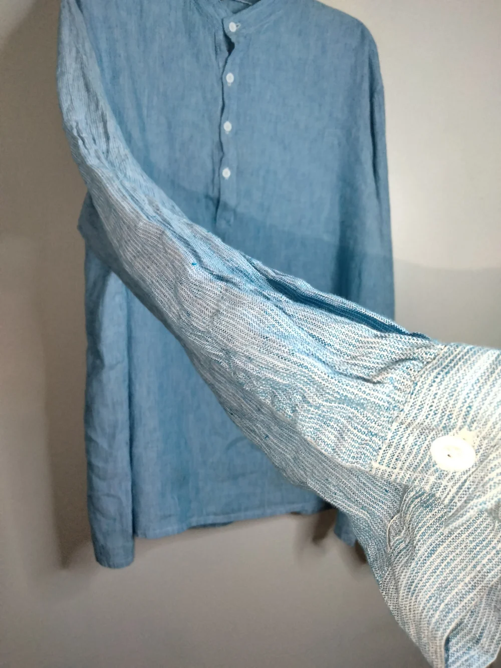 Moraitis Linen (Size XL) Men's Light Blue Linen Button Henley LS Popover Shirt